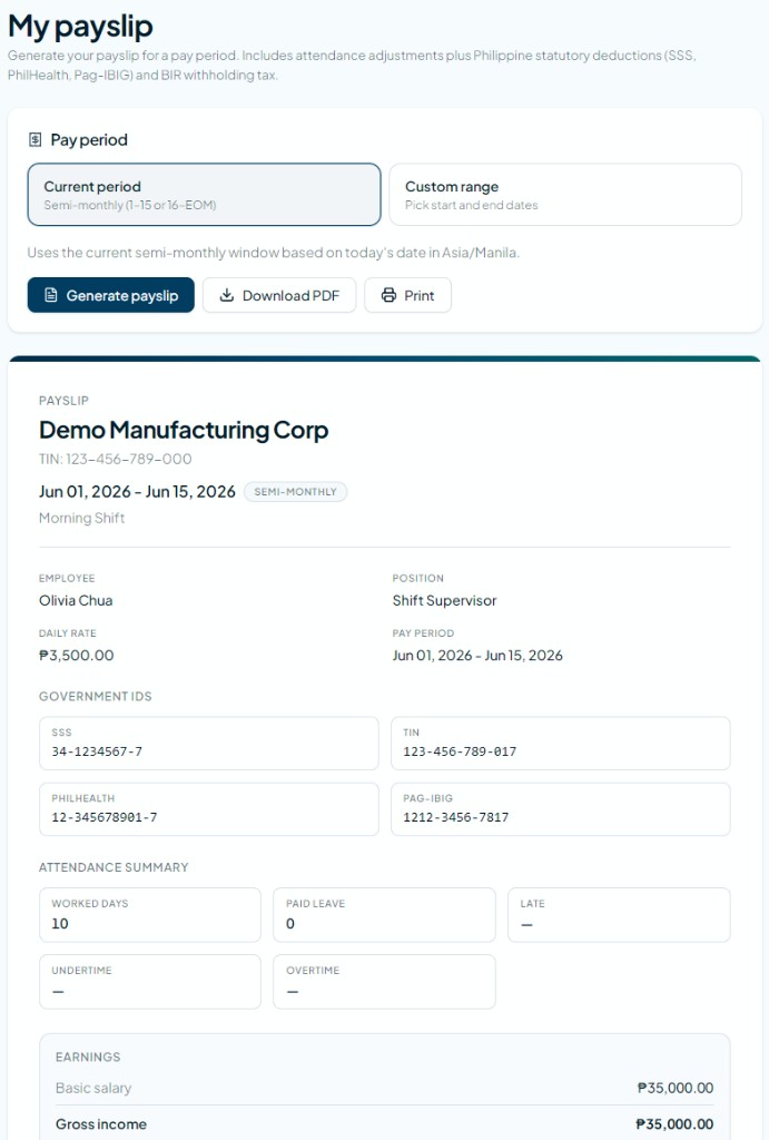 Sahod.io employee payslip for Olivia Chua showing semi-monthly earnings, gov IDs, and statutory deductions