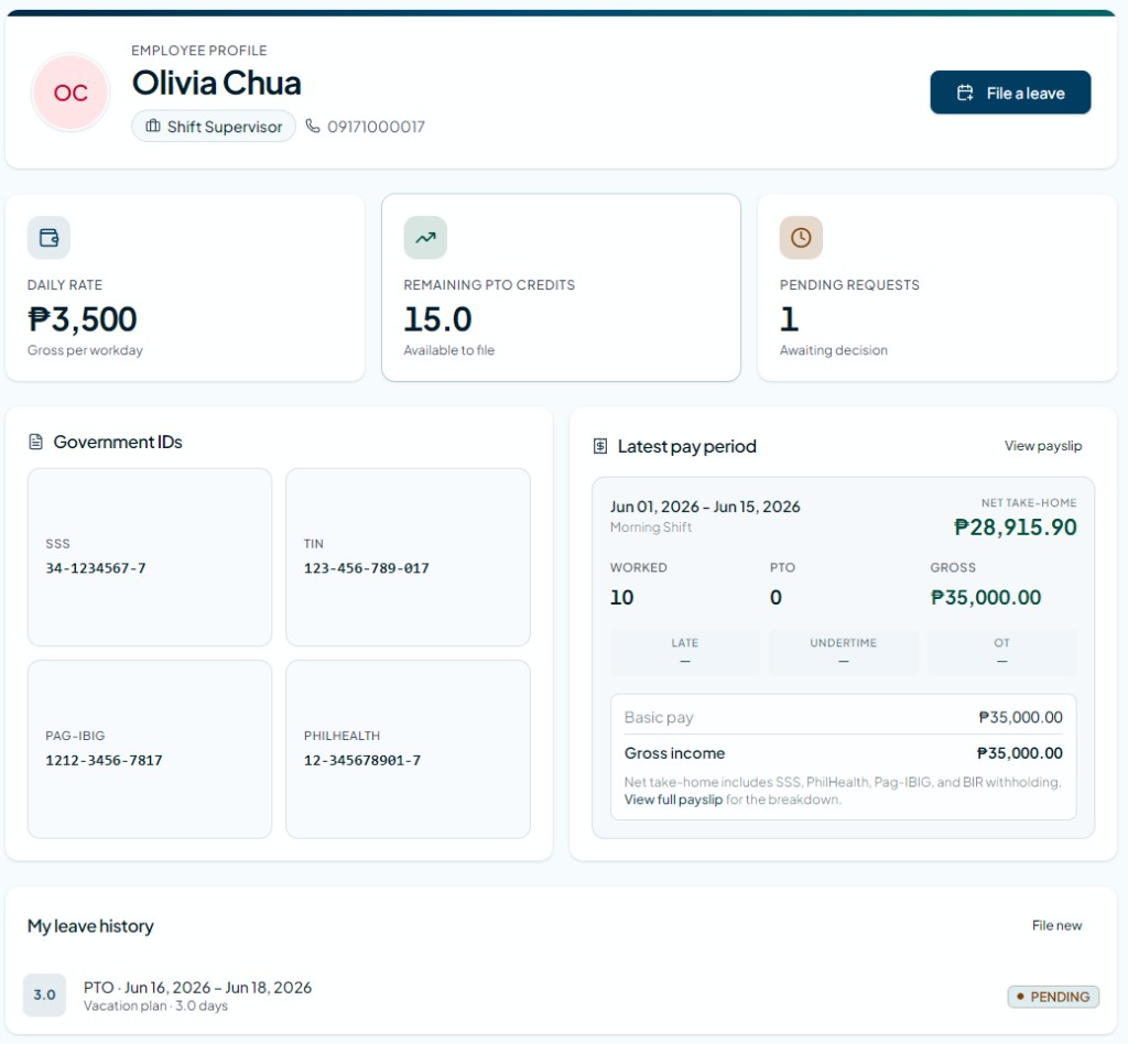 Sahod.io employee portal dashboard for Olivia Chua with gov IDs, pay period net take-home, and leave history