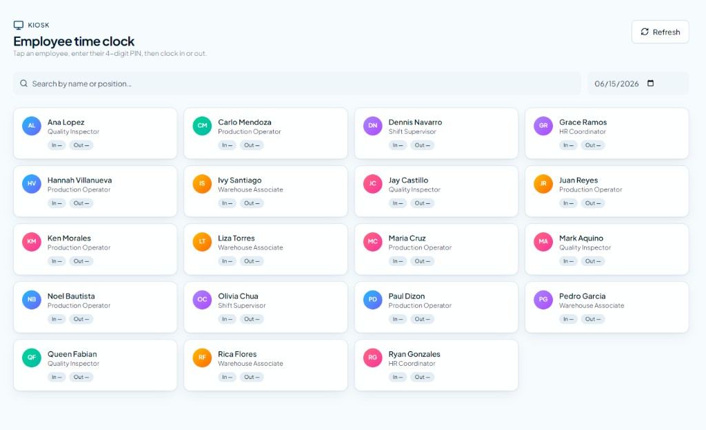 Sahod.io kiosk employee time clock grid with search, date picker, and PIN-based clock in/out