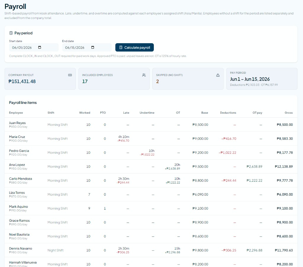 Sahod.io payroll calculation for Jun 1–15 with company payout, line items for late, undertime, and overtime